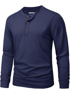 Men's Navy Blue Long Sleeve Henley T-shirts Cotton 3-button Spring Casual